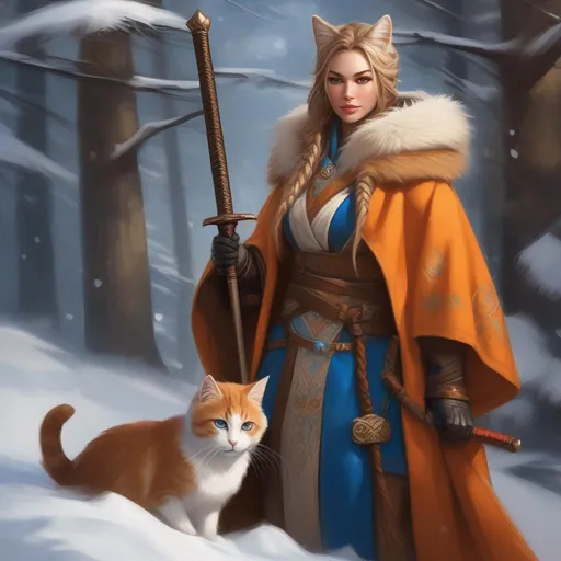 Prompt: {{{{highest quality concept art masterpiece}}}}, front view, D&D, Very detailed realistic painting. fantasy cleric priest anthropomorphic ((orange)) cat, ((blue eyes)), long brown-blond braided hair, sheathed katana, in long brown furry coat, in winter environment,