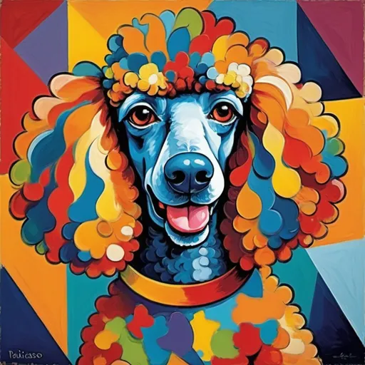 Prompt: Cubist Poodle. Painting. Masterpiece. Pablo Picasso. Carnival colors.