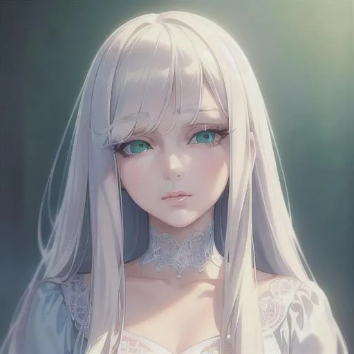 Prompt: (masterpiece, illustration, best quality:1.2), medium pure white hair, green eyes, wearing white nightgown, best quality face, best quality, best quality skin, best quality eyes, best quality lips, ultra-detailed eyes, ultra-detailed hair, ultra-detailed, illustration, colorful, soft glow, 1 girl