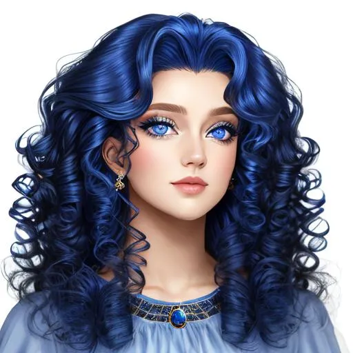 Prompt: a woman with long, very curly hair, sapphire blue eyes