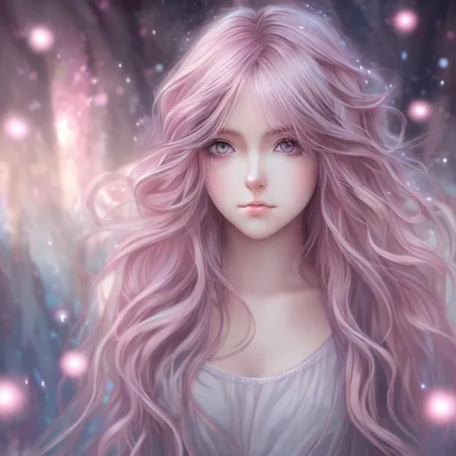 Prompt: anime portrait of a young female adult, anime eyes, beautiful, intricate, wavy, flowing, light pink hair, shimmer in the air, digital art, looking into camera shyly