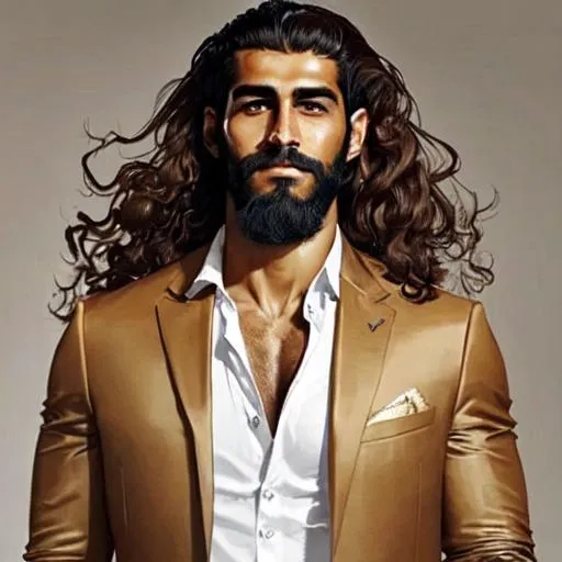 Prompt: handsome dark skin arab man long wavy sandy brown hair gold eyes short beard fit long hair
