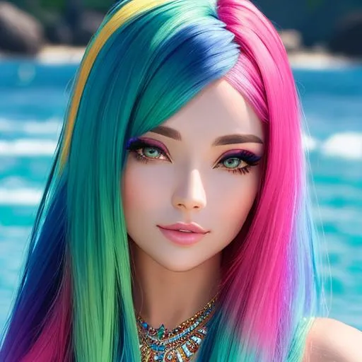 Prompt: Beautiful mermaid, multicolored hair, facial closeup