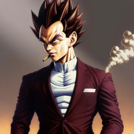 vegeta in a maroon business suit smoking cigarettes... | OpenArt