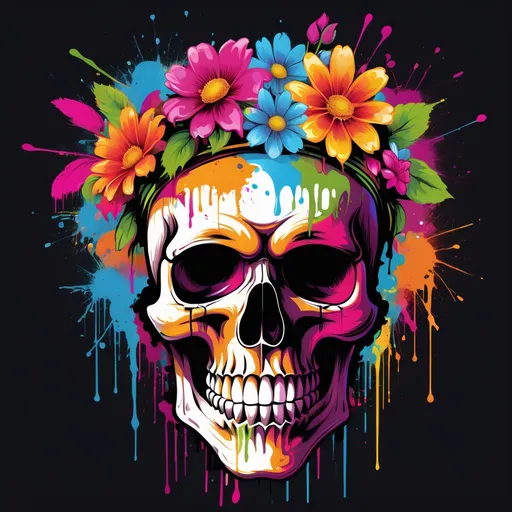 Prompt: Colorful graffiti illustration of a skull with flower headdress, paint splashes, vector t-shirt art, black background