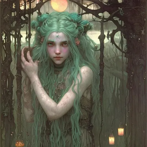 Prompt: Portrait Druid witch Girl with pretty detailed face and sea foam green hair in a swamp at sunset with peach lotus blooms and  hanging lanterns by John bauer high contrast John William Waterhouse high bloom concept art