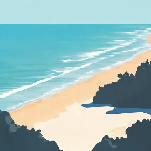 Prompt: Create a painting of ocean coast. Ocean contains deep blue and light blue colours. Coast sand is slightly beige and white. The picture is done in minimalism style