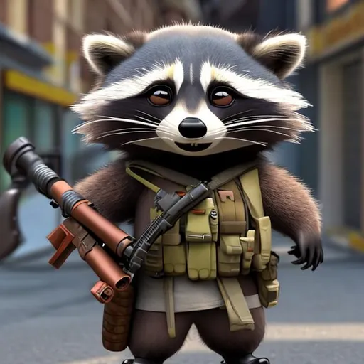 Prompt: Cartoon raccoon with a sniper rifle 
