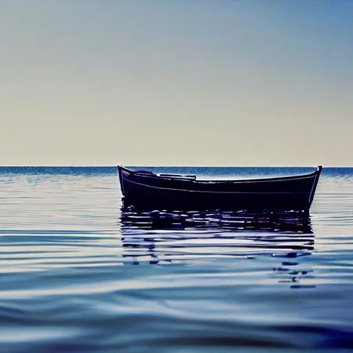 Prompt: there is a small rowboat in the middle of the ocean. no one is on the boat. the water is steady.  its a noon. and the temperature is 45 degrees 
