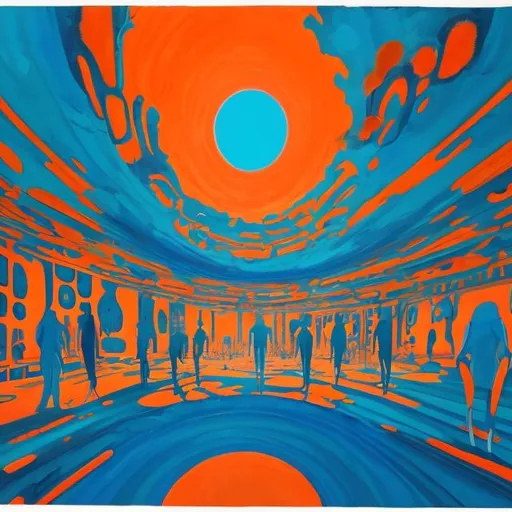 Prompt: Daniel Richter-style painting with different size figures walking towards a portal in a futuristic virtual landscape, orange and blue,tricia dewey