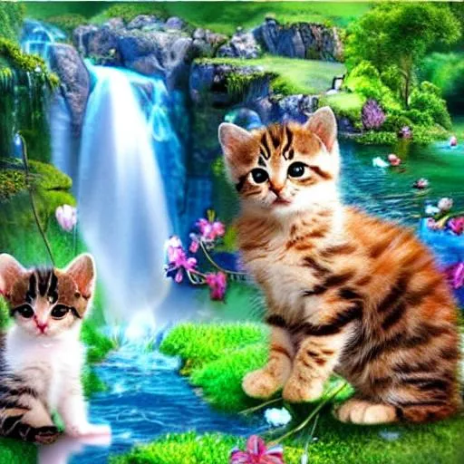 Prompt: Cute Kittens in Fantasy World with Waterfall