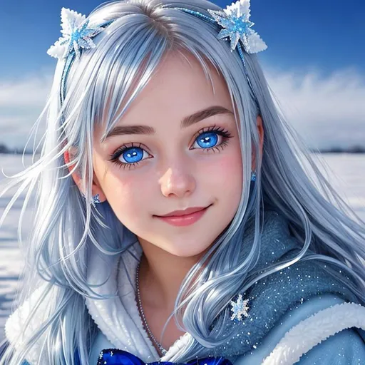 Prompt: young girl, covered in frost, bashful hypnotic sapphire blue eyes, calm bashful smile, gorgeous silver hair