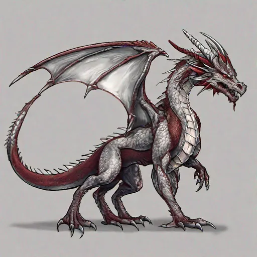 Prompt: Concept designs of a dragon. Full dragon body. Dragon has four legs and a set of wings.  Side view. Coloring in the dragon is predominantly dark red with silver streaks or details present.