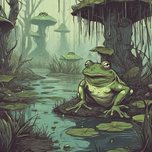Prompt: fantasy swamp land with humanoid frogs, dungeons and dragons style
