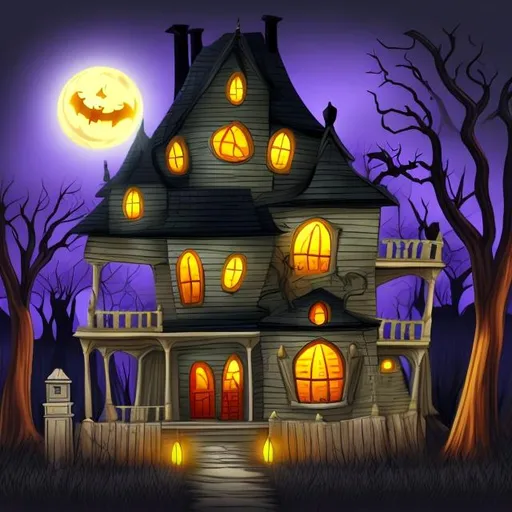 Prompt: Spooky house, cartoon, night, ghost