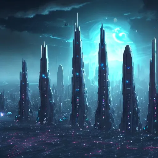 Prompt: Futuristic Tall black towers on deep dark ocean dark sky spaceships night lights hover ships dark tall city lots and lots of small floating ships hovering above clouds big planet with rings closeby spaceships hovering super tall mega skyscraper