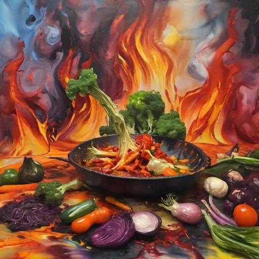Prompt: photo of a melted painting with vegetables, blurry surroundings, surrealistic, vibrant colors, fire in the background