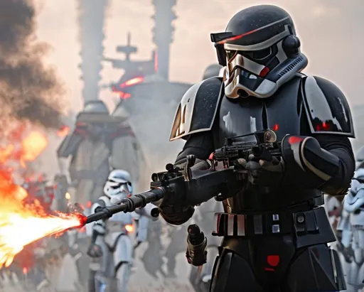 Prompt: star wars black and red clone trooper standing holding flamethrower