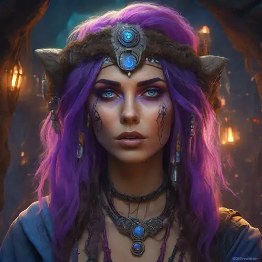 Prompt: Portrait of beautiful gypsy druid with cyberpunk style with purple hair and with cute face, big lips, blue eyes, in a magical Halloween cave , perfect composition, hyperrealistic, super detailed, 8k, high quality, trending art, trending on artstation, sharp focus, studio photo, intricate details, highly detailed, by boris vallejo