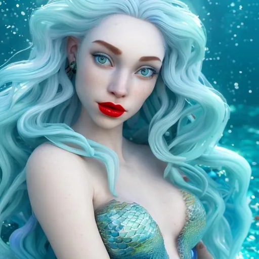 Prompt: 
a beautiful mermaid with pale skin and blue hair and red lips, 4k, facial closeup 

