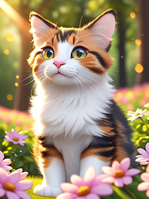 Prompt: Disney Pixar style cute calico cat, highly detailed, fluffy, intricate, big eyes, adorable, beautiful, soft dramatic lighting, light shafts, radiant, ultra high quality octane render, daytime forest background, field of flowers, bokeh, hypermaximalist