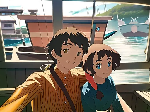 Prompt: selfie in a boat,  cool seawind, a pair of couple, beautiful big eyes, happy smiles, detailed hairstyle, detailed colorful background, Studio Ghibli style