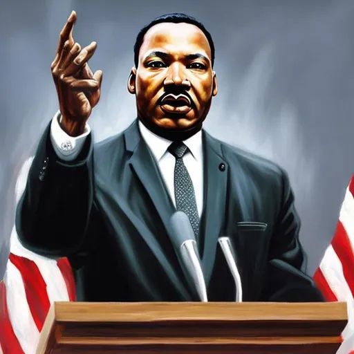 Prompt: Hyper-realistic painting of Martin Luther King on the podium