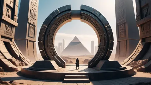 Prompt: small circular portal, gateway between cities realms worlds kingdoms, ring standing on edge, freestanding ring, hieroglyphs on ring, complete ring, obelisks, pyramids, city plaza, panoramic view, futuristic cyberpunk dystopian setting