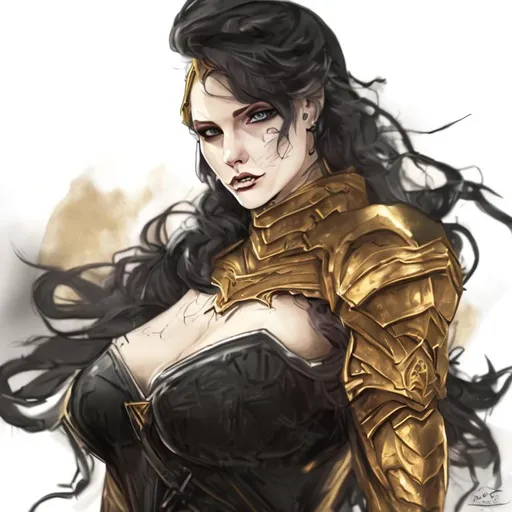 Prompt: portrait morgana Avalon, bits of color, black hair long hand drawn, golden armor on the left shoulder, dark, gritty, realistic sketch, Rough sketch, mix of bold dark lines and loose lines, bold lines, female human , just face, 