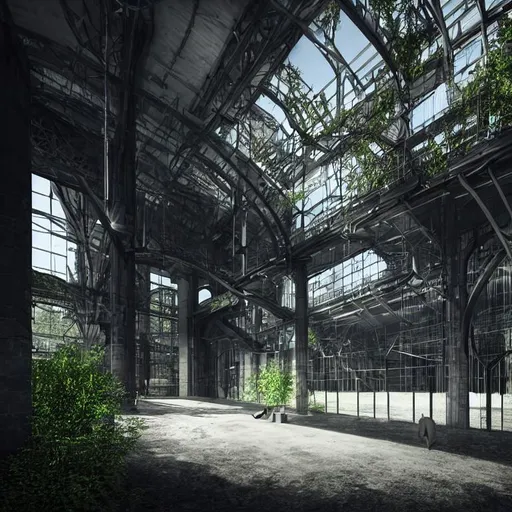 Prompt: Realistic photo ,4K 30 mm lens the interior space of the technological laboratory with the appearance of a industrial architecture contemporary gothic space with an of slender porticoes and vegetation 