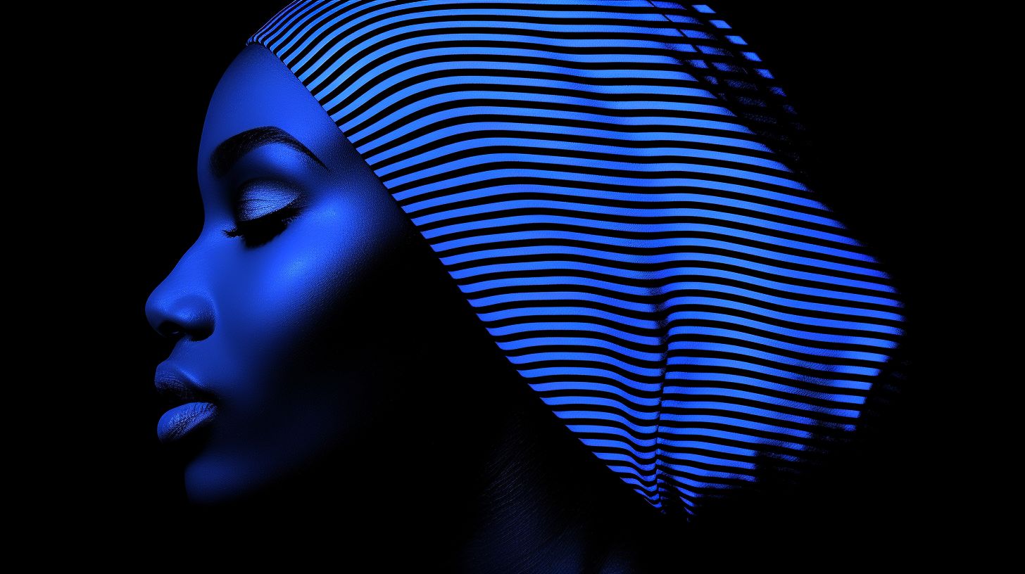 Prompt: Her silhouette against a backdrop of intersecting black bars, in a mix of airbrush and digital art, bronze and navy blue, neon grids of holographic glass, echoing Taras Loboda, elegant beauty, geometric grid