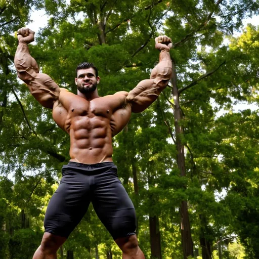 Prompt: Muscular tall giant hung flexing hyper muscular tall bodybuilder tree