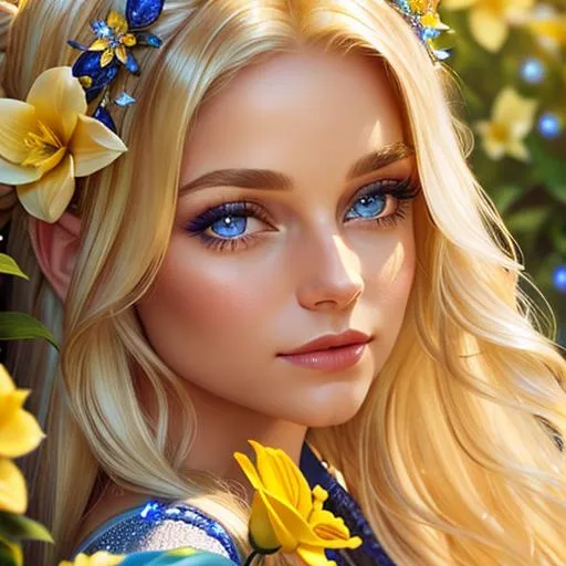 Prompt: Pixie dust princess, long blonde hair, sapphire eyes, yellow flowers in her hair,  facial closeup