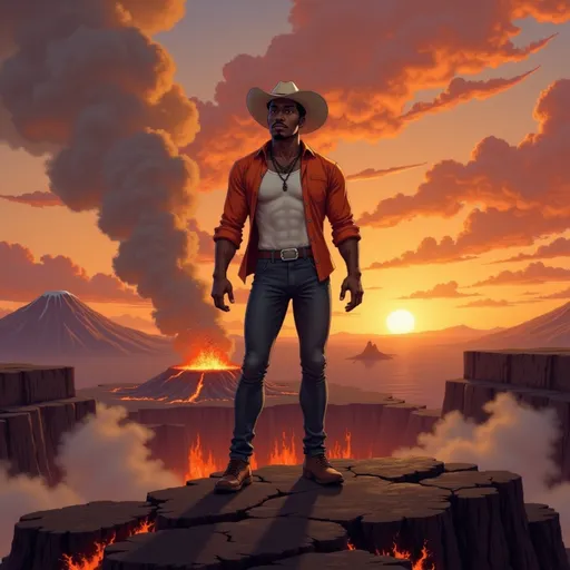 Prompt: @TRzJfEbYXKjmZAhFV8fB  stands at the edge of an active volcano crater, steam rising, ash in the air. The sky burns orange and purple. He's still — unfazed by nature’s rage, a silhouette of calm power against the chaos.