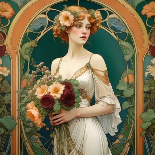 Prompt: 4k image, realistic image, time is 1920, Background image with flowers, plants and a beautiful woman dressed in her wedding dress with abouquet in her hands, in art nouveau style, with rich colors of gold, dark green and burgundy, blue and peach. Carl Larsson's style.