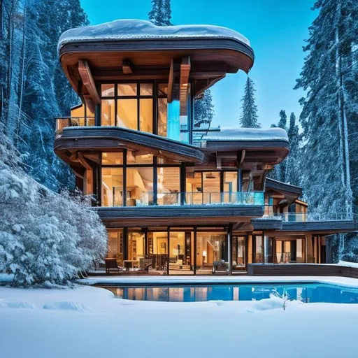 Prompt: modern wooden mansion in winter with snow on the roof and on the ground in the background a snowy forest and in the foreground a warm turquoise blue pool, at night with the stars.
