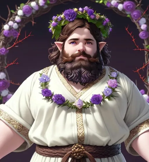 Prompt: fat young halfling god with brown hair and beard and dark blue eyes | wearing divine robes of white and purple and a wreath made of flowers and thorns. Full body | ultra-fine details, intricate scene, ambient lighting, symmetrical facial features, accurate anatomy, sharp focus, final fantasy cgi still, artgerm, taken on nikon d750, scenic, splash art, tumblr instagram