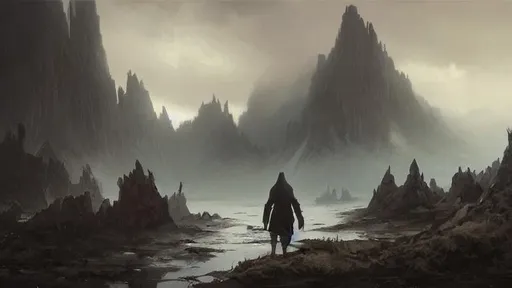 Prompt: fantasy concept art by greg rutkowski, hooded figure in the  foreground looks out over bog with jagged mountains in the background and a mysterious cave entrance between two peaks, ominous sky, fog, Scotland, rock outcroppings,  gestural oil painting style, backlit, cinematographic morning light, artstation hq, 