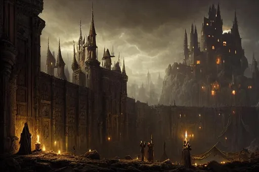 Prompt: Epic Castle at night with walls, Sinister, Evil, Epic cinematic brilliant stunning intricate meticulously detailed dramatic atmospheric maximalist digital matte painting Professional photography, bokeh, natural lighting, canon lens, shot on dslr 64 megapixels sharp focus horror Gustave Doré Greg Rutkowski sinister by Greg Rutkowski