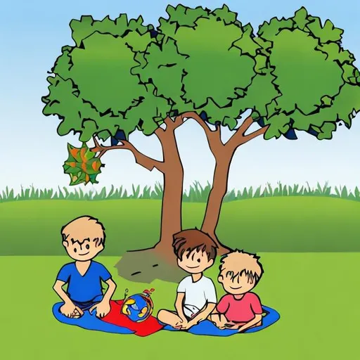 Prompt: clip art three boys under the tree in the park. talking on how to make the environment greener, cleaner and beautiful. helping the environment by recycling, not loitering and making the environment clean