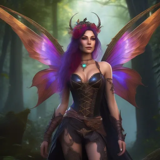Prompt: Epic. Cinematic. Shes a (colorful), Steam Punk, gothic, witch. ((spectacular)), Winged fairy, with a skimpy, ((colorful)), gossamer, flowing outfit, standing in a forest by a village. ((Wide angle)). Detailed Illustration. 8k.  Full body in shot. (Hyper real painting). Photo real. A ((beautiful)), shapely, woman with ((anatomically real hands)), and ((vivid)) colorful, ((bright)) eyes. A ((pristine)) Halloween night. (Concept style art). 