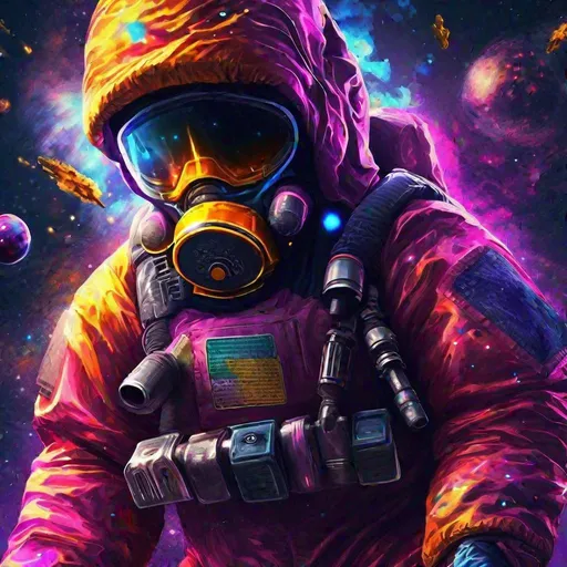 Prompt: hazmat suit, cosmic ,Trippy, Dark, guns, Epic battle, hazard