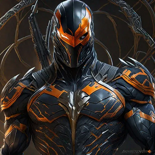 Prompt: Symbiot Venom with Deathstroke cybernetic suit (remaining set) photorealistic intricate, 8k, highly detailed, digital painting, symmetrical body, (detailed face), highly detailed, intense, sharp focus, art by (artgerm) and greg rutkowski and alphonse mucha and aleksi briclot, cgsociety