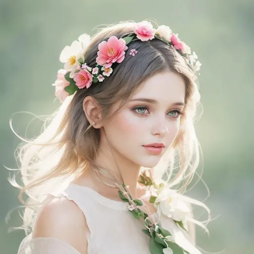 Prompt: Beautiful creation, woman with flowers in her hair