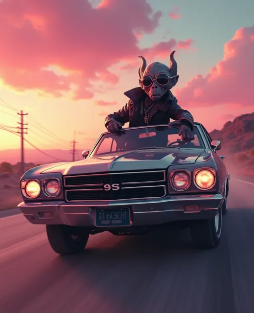 Prompt: tattooed alien wearing sunglasses and a leather coat driving fast down a road in a classic car with pink overtones in sky with lots of sky showing

