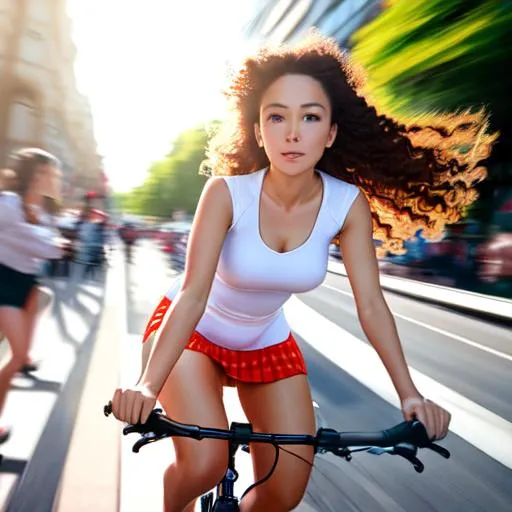 Prompt: A beautiful woman riding a bicycle, wearing a mini skirt, thigh and legs visible, clevage visible, symmetrical face, freckles, wind, hair and dress blowing, motion blur, side lighting, low angle view
