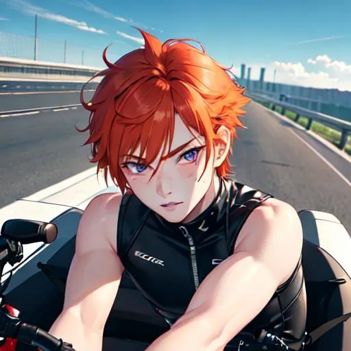 Prompt: Erikku male (short ginger hair, freckles, right eye blue left eye purple) muscular, riding a motorcycle. UHD, 8K, Highly detailed, wearing biker gear, driving on the freeway, close up, insane detail, best quality, high quality