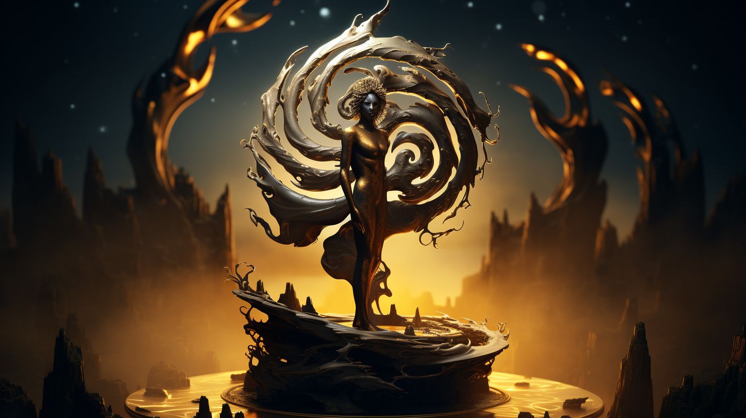 Prompt: a statue of shiv in a black and gold swirl, in the style of cyril rolando, unreal engine 5, uhd image, caras ionut, primitive forms, whirly, dynamic energy