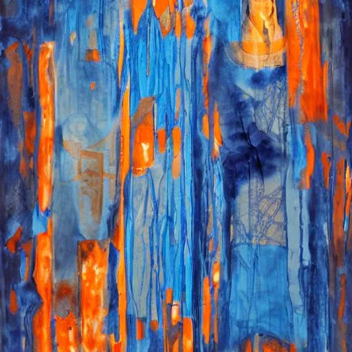 Prompt:  Use the story of Jacob and his dream of a ladder to heaven as inspiration for a piece of abstract art, featuring muted blues and oranges that convey the sense of otherworldly spirituality. Style the characters in flowing, timeless garments that reflect the themes of transformation, enlightenment, and the search for meaning.