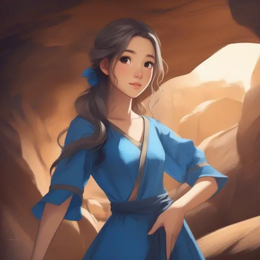 Prompt:  a drawing of a girl in a blue dress, a cave painting by Ken Sugimori, featured on pixiv, hurufiyya, dynamic pose, da vinci, official art inspired by Lisa Yuskavage, new, above the head pov, trending on artstation,  8k, dim lighting, gamer room